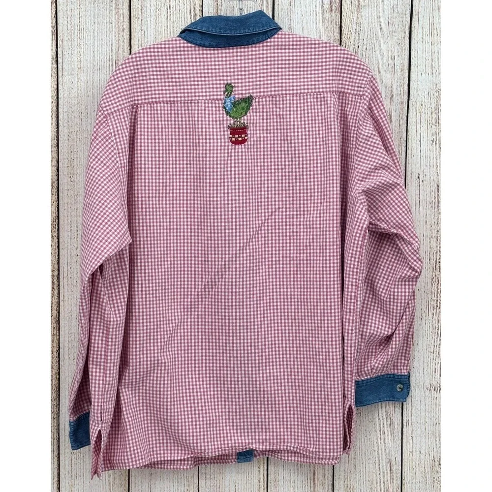 Quaker Factory Long Sleeve Shirt Size 1X‎ Cotton Gingham Gardening Embroidered